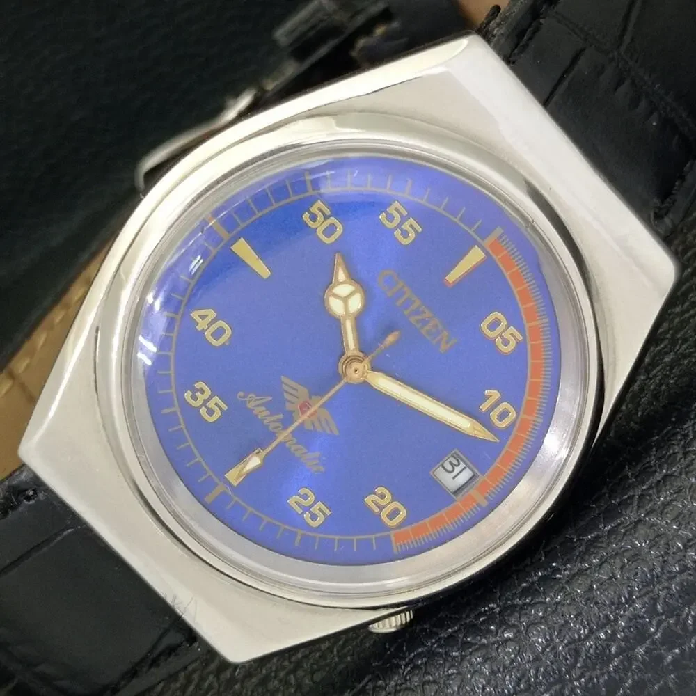 Vintage 1986 Citizen Automatic Mens Silver Watch W/daydate & Blue accents